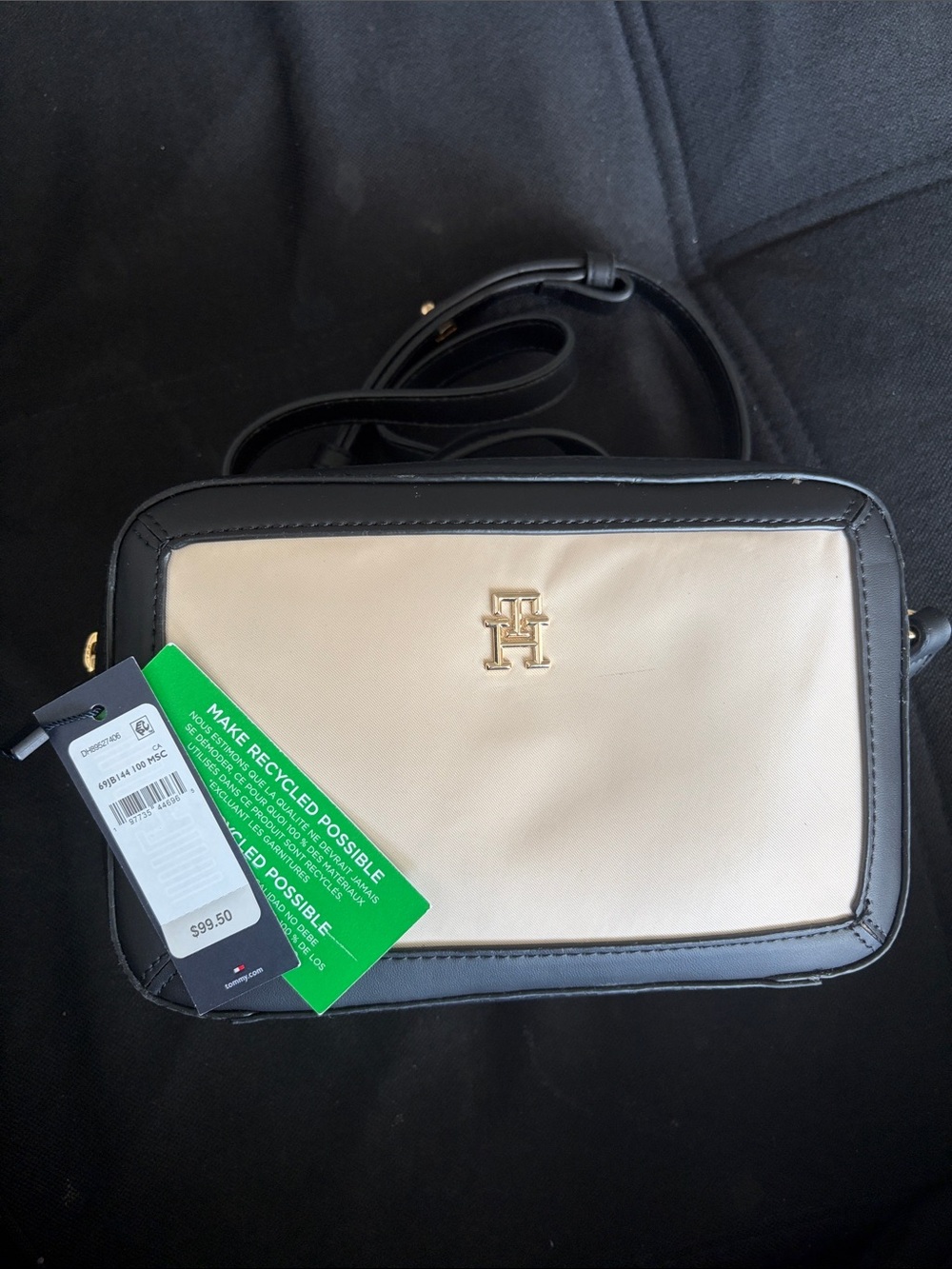 Tommy Hilfiger Black and Cream Belt Bag with Gold Logo